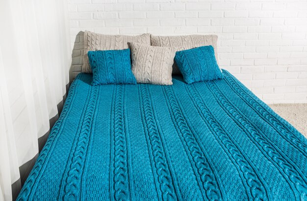 Foto slaapkamerkleed deken plaid blauw beige