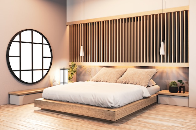 Slaapkamerontwerp Japanse houten met latten en verborgen licht muurontwerp. 3D-rendering