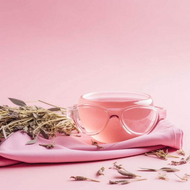 Slaapmasker en kruidenthee op roze pastelkleurige achtergrond Minimaal concept van rust Kwaliteit van de slaap Goede nacht slapeloosheid ontspanning