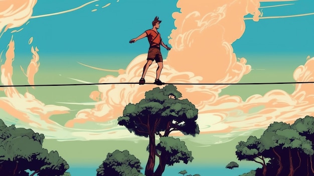 Slackliner balancing on a line fantasy concept illustration painting