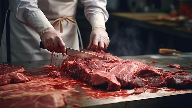 Slager die vlees op tafel snijdt