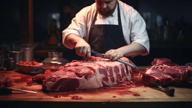 Slager die vlees op tafel snijdt