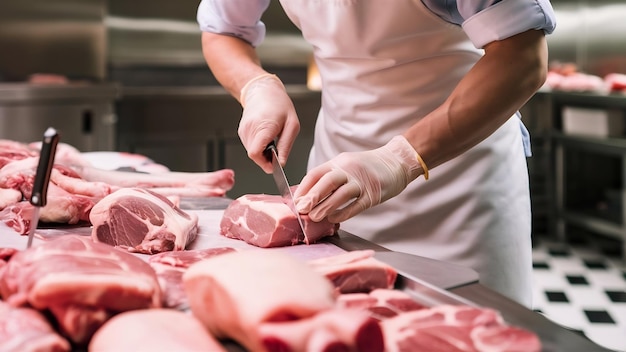 Slager snijdt varkensvlees in de keuken.