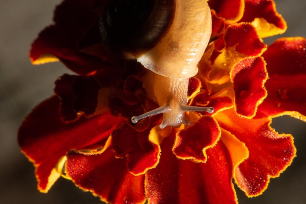 Slak, kleine tuinslak op zijn gang op een bedauwde bloem, selectieve nadruk.