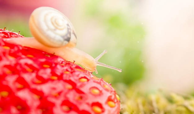 Slak op een aardbei in macro