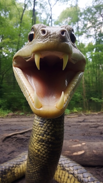 Slang raakt de camera aan om een selfie te maken Grappige selfie portret van een dier