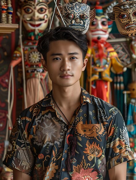 Foto slank mannelijk model met traditionele batik-geïnspireerde shirts i trendy vintage clothes photo collectionn