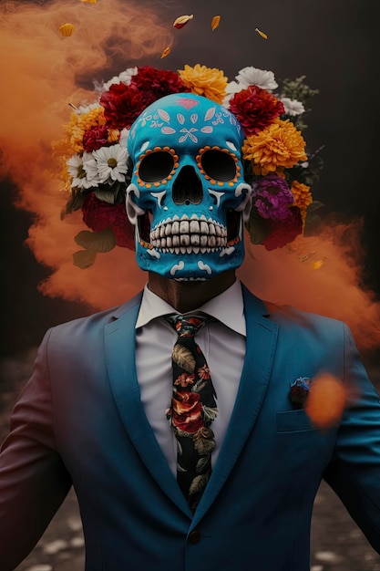 Slanke Day of the Dead-schedel in pak met bloemkroon en rook Generative AI