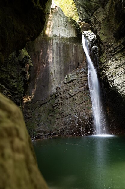 緑色の水のプールに落ちるヨーロッパのスロベニアでコジャクを平手打ち