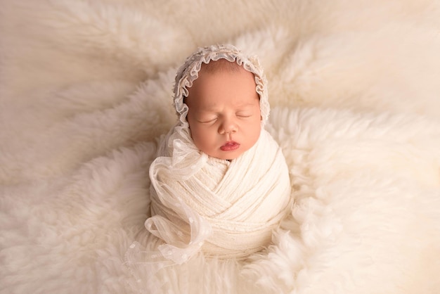 Slapend pasgeboren meisje in de eerste dagen van het leven in een witte cocon met een witte dop op een witte achtergrond. Studio macrofotografie, portret van een pasgeborene. Het concept van vrouwelijk geluk.