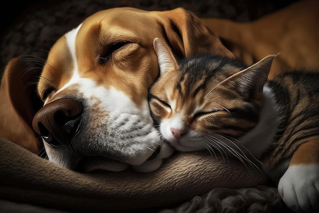 Slapende honden en katten knuffelen tijdens het slapen