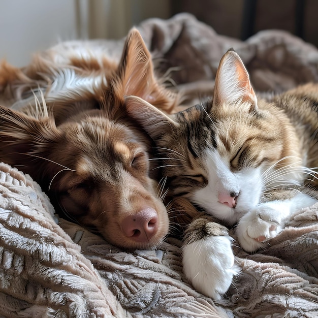 Slaperige kat en hond duo