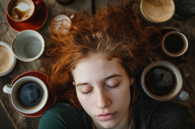 Foto slaperige vermoeide vrouw met donkere kringen en veel koffie