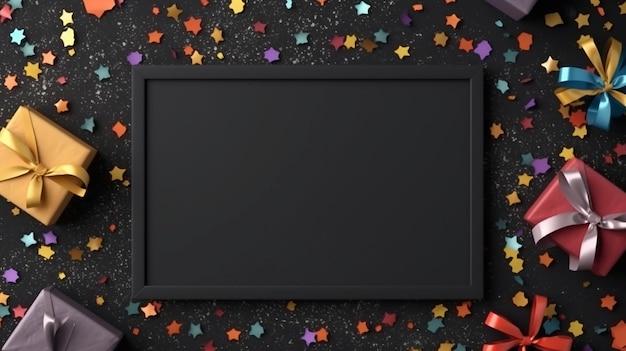 Slate board and confetti on black background top view Generative AI