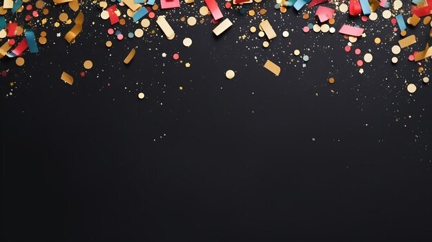 Slate Board and Scattered Confetti on Black Background Top View