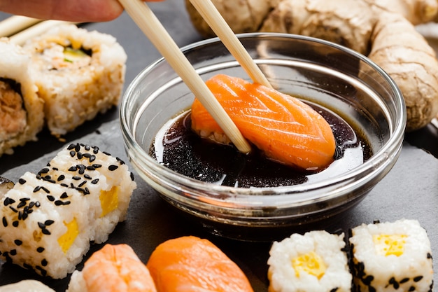 Slate tray of assorted sushi