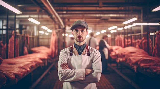 In the slaughterhouse a selfassured meat factory worker is standing by the large pieces of meat Generative AI