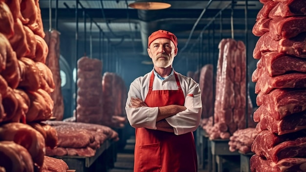 In the slaughterhouse a selfassured meat factory worker is standing by the large pieces of meat Generative AI