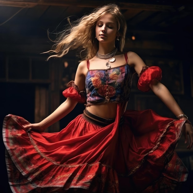 Славянская девушка танцует национальный танец в славянской одежде