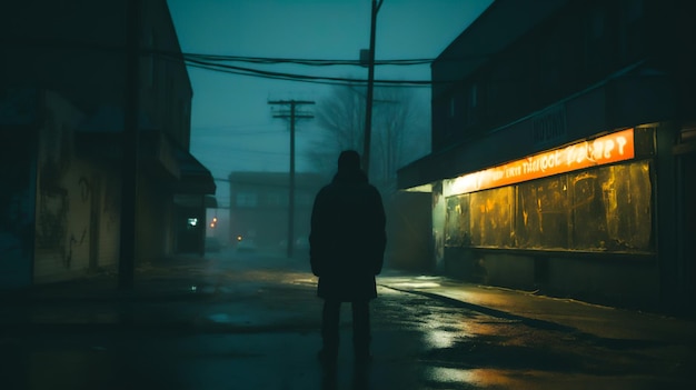 slecht verlichte desolate straat met lege vervallen winkelpuien die het gebrek aan geestelijke gezondheid symboliseren