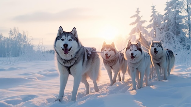 そり犬のシベリアン ハスキーが、Generative Al 技術で作られた冬の雪に覆われた森をそりで走っています。