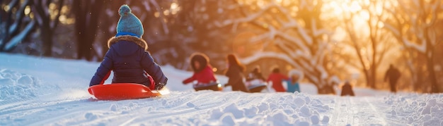 Photo sledding focus on children sledding down a snowy hill with a park background afternoon sun empty space left for text