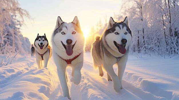 Sledehond Siberische husky bestuurt een slee door een winters besneeuwd bos gemaakt met Generative Al-technologie