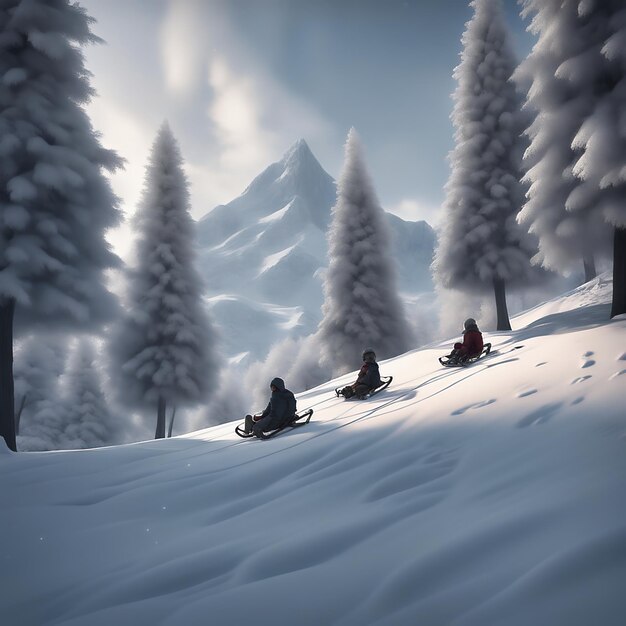 雪に覆われた木々 雪に覆われた山々 木製のスレッド