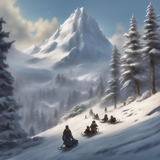 雪に覆われた木々 雪に包まれた山々 木製のスレード