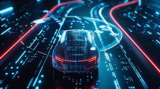 Гладкая 3D-иллюстрация электрического автомобиля, движущегося по улице футуристического города