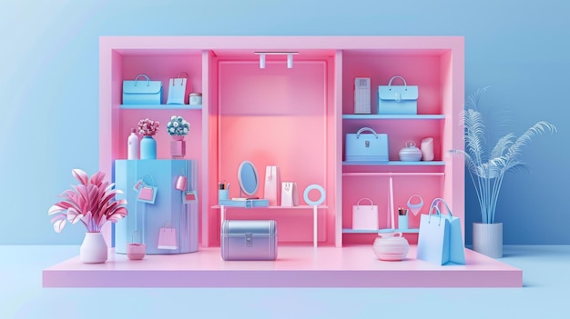 A sleek 3D rendering of an online shopping experience