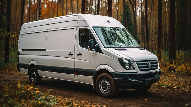 Foto sleek bestelwagen geparkeerd in een rustig bos op een zonnige zomerdag omringd door weelderig groen