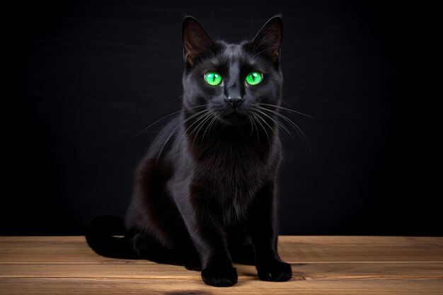 A sleek black cat with bright green eyes posing against a white backdrop