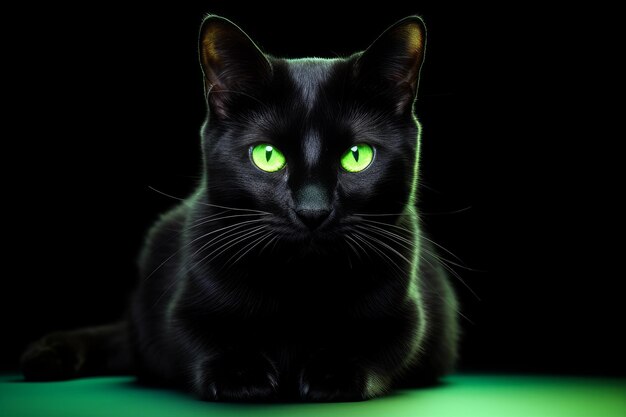 A sleek black cat with bright green eyes posing against a white backdrop