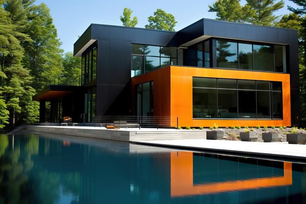 Sleek Black House with Striking Orange Accents and Swimming Pool on a Hill Generative AI