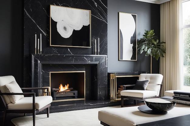 Sleek Black Marble Fireplace Surround in a Modern Lounge