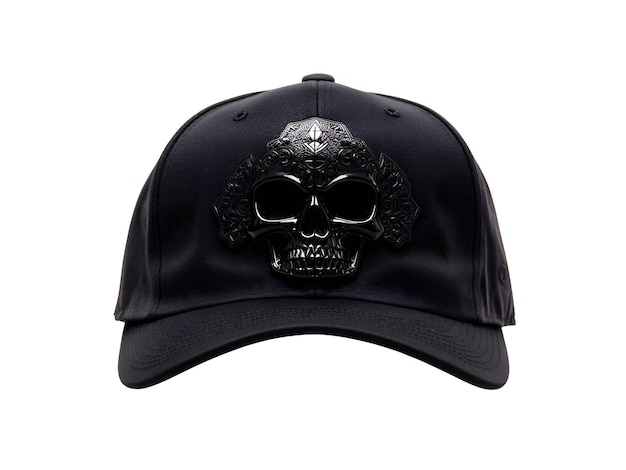 Photo a sleek black snapback with an embossed 3d skull design