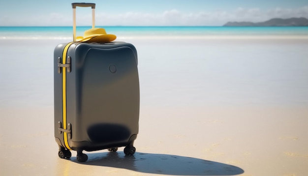 Гладкий черный чемодан с видом на спокойное море
