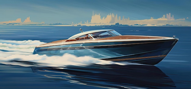 Foto una elegante barca blu sull'acqua sta accelerando lungo la costa nello stile di lussuoso