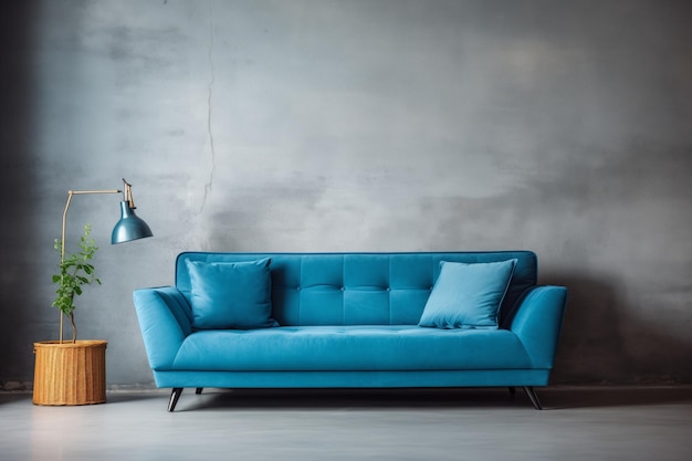 Photo sleek blue sofa by concrete wall in scandinavian loft setting