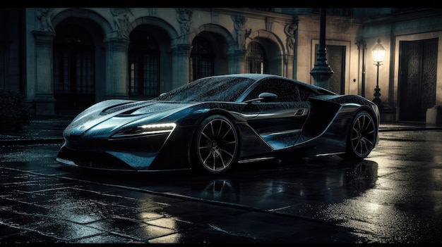 sleek blue sports car parked on a rainy street