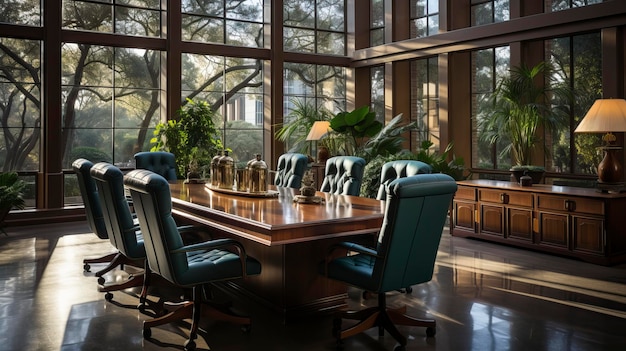 A sleek boardroom with a long mahogany table and leather chairs