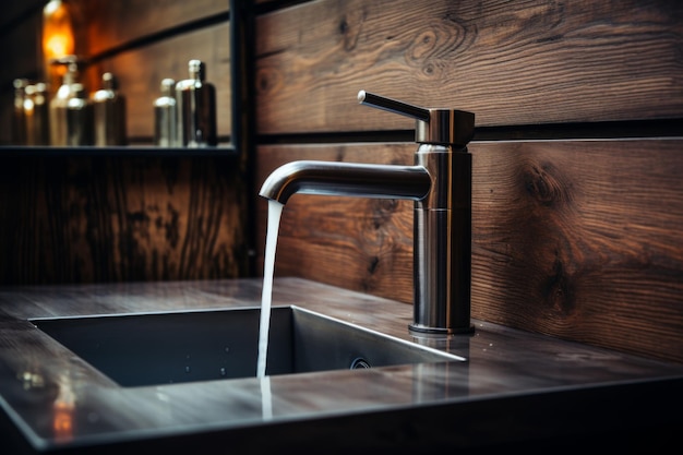 Sleek brushed steel kitchen faucet with minimalist curved design and water droplets