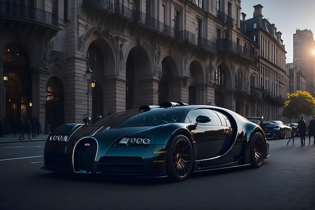 Sleek bugatti veyron supercar in a bustling cityscape with traditional architecture generative by AI