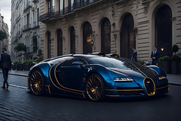Гладкий суперкар Bugatti Veyron в оживленном городском пейзаже с традиционной архитектурой, генерируемой ИИ