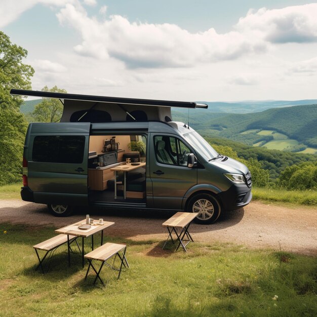 Sleek camper van on a scenic overlook