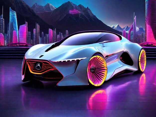 Sleek car cruising through urban landscape after dark