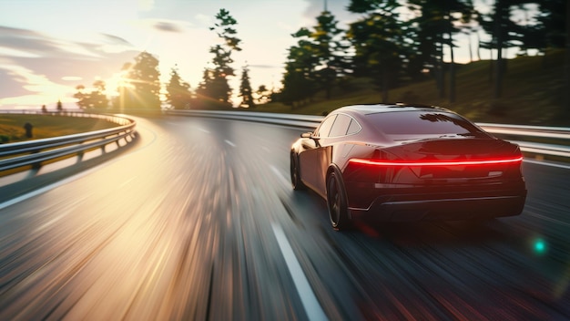 A sleek car speeds along a highway at sunset blurring the scenery