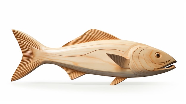 Sleek Carved Wood Fish Statue On White Background