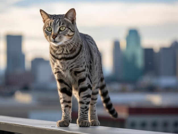 写真 街のスカイラインに反して屋根の上に座っている ⁇ 麗な猫